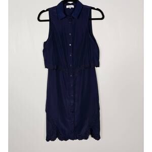Parker XSmall XS Navy Blue Overlay Shirt Dress Collared Layered Embroidered Hem